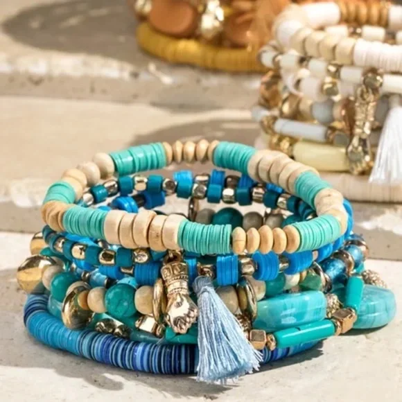 SOLD OUT Multi Layer Turquoise Charm Beaded Wood Metal Gold Bead Stretch - Picture 3 of 7